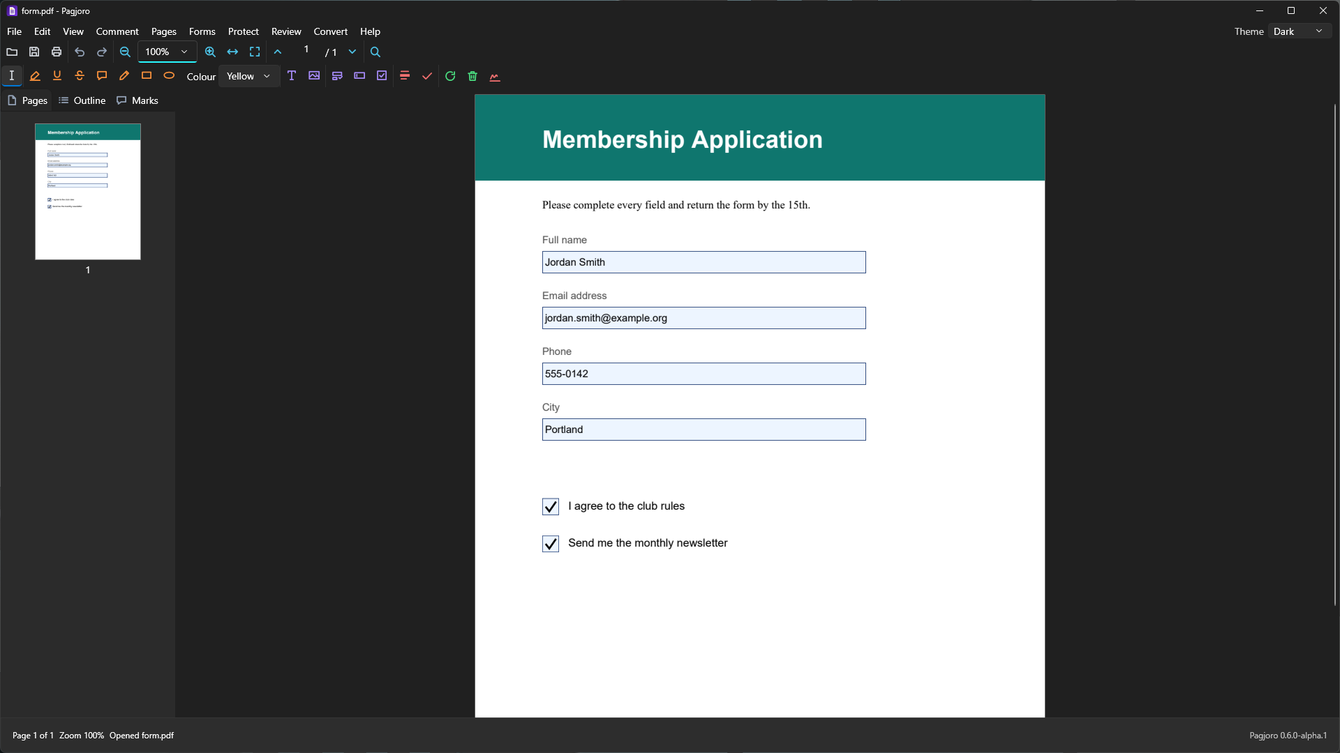 A membership application form filled in with a name, email, phone and city, and two ticked check boxes, in the Dark theme