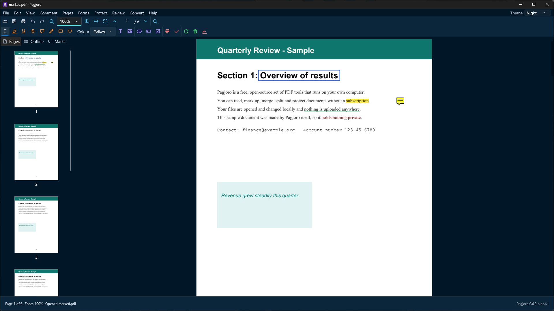 A document marked up with a yellow highlight, a green underline, a red strike-through, a note and a blue box, in the dark blue Night theme
