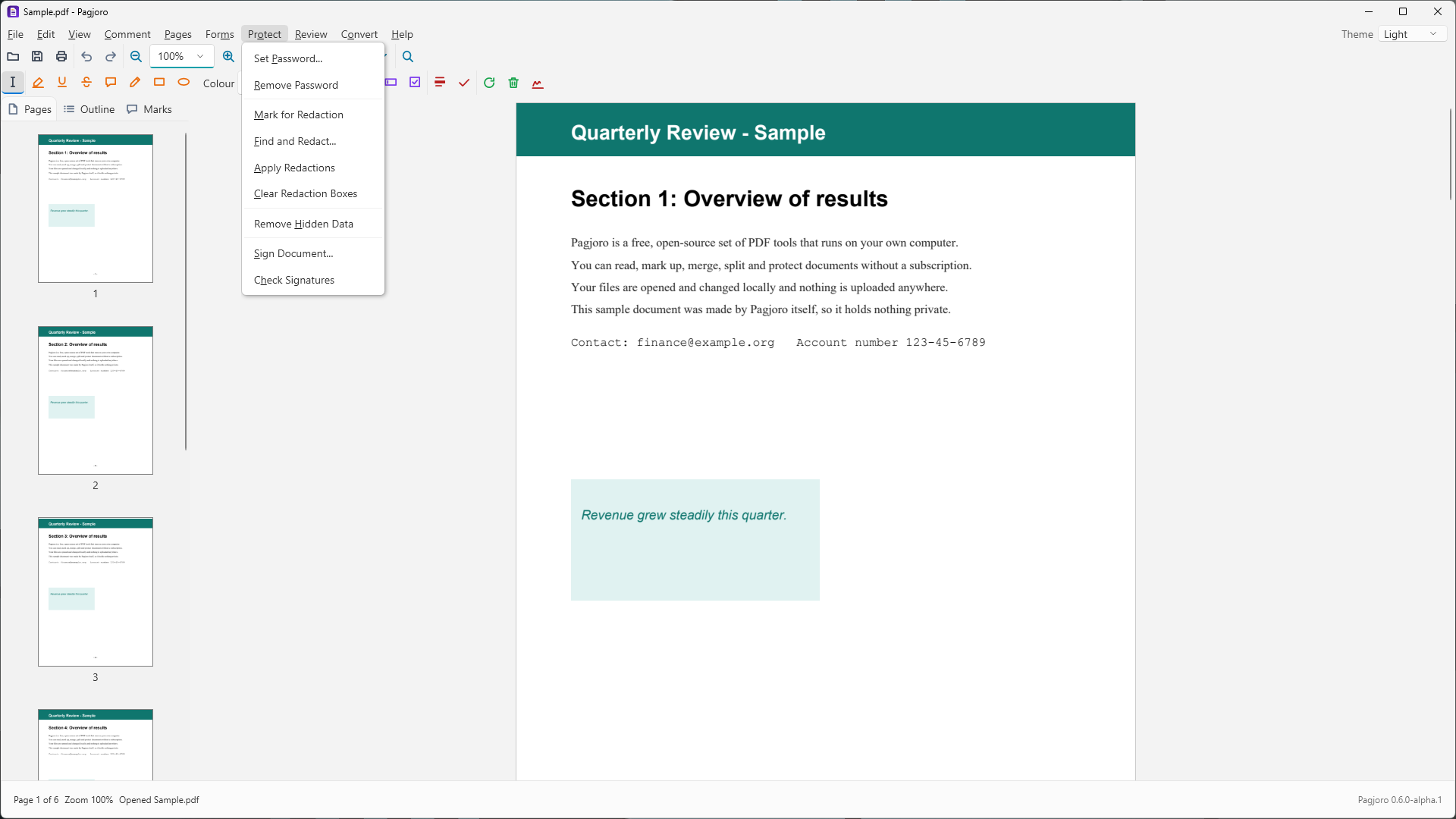 The Protect menu open, listing set password, remove password, mark for redaction, find and redact, apply redactions, remove hidden data, sign document and check signatures