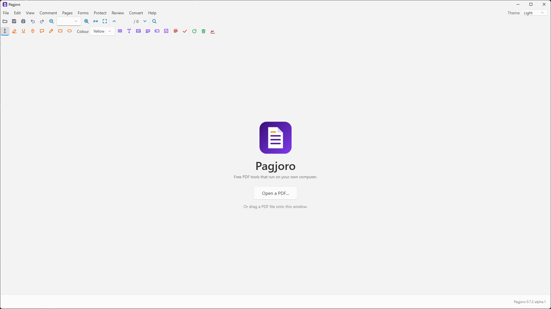 Pagjoro's start screen showing its purple icon, an Open a PDF button, and the menus and toolbar above